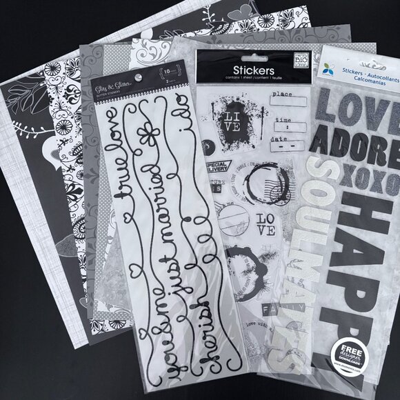 Love & Marriage - Black & White Scrapbooking Bundle of Paper and Stickers - Picture 1 of 12